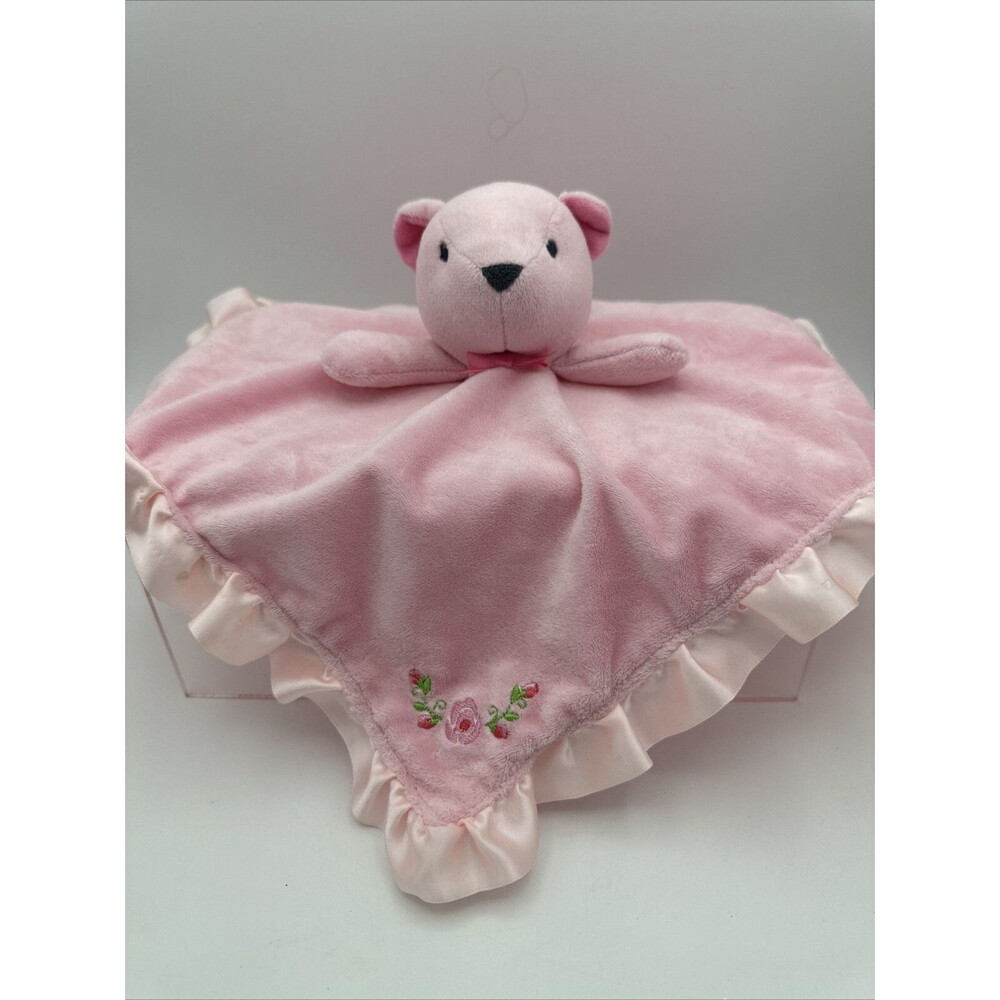 Stepping Stones Pink Bear Lovey Security Blanket Ruffle Satin Plush Flowers Baby
